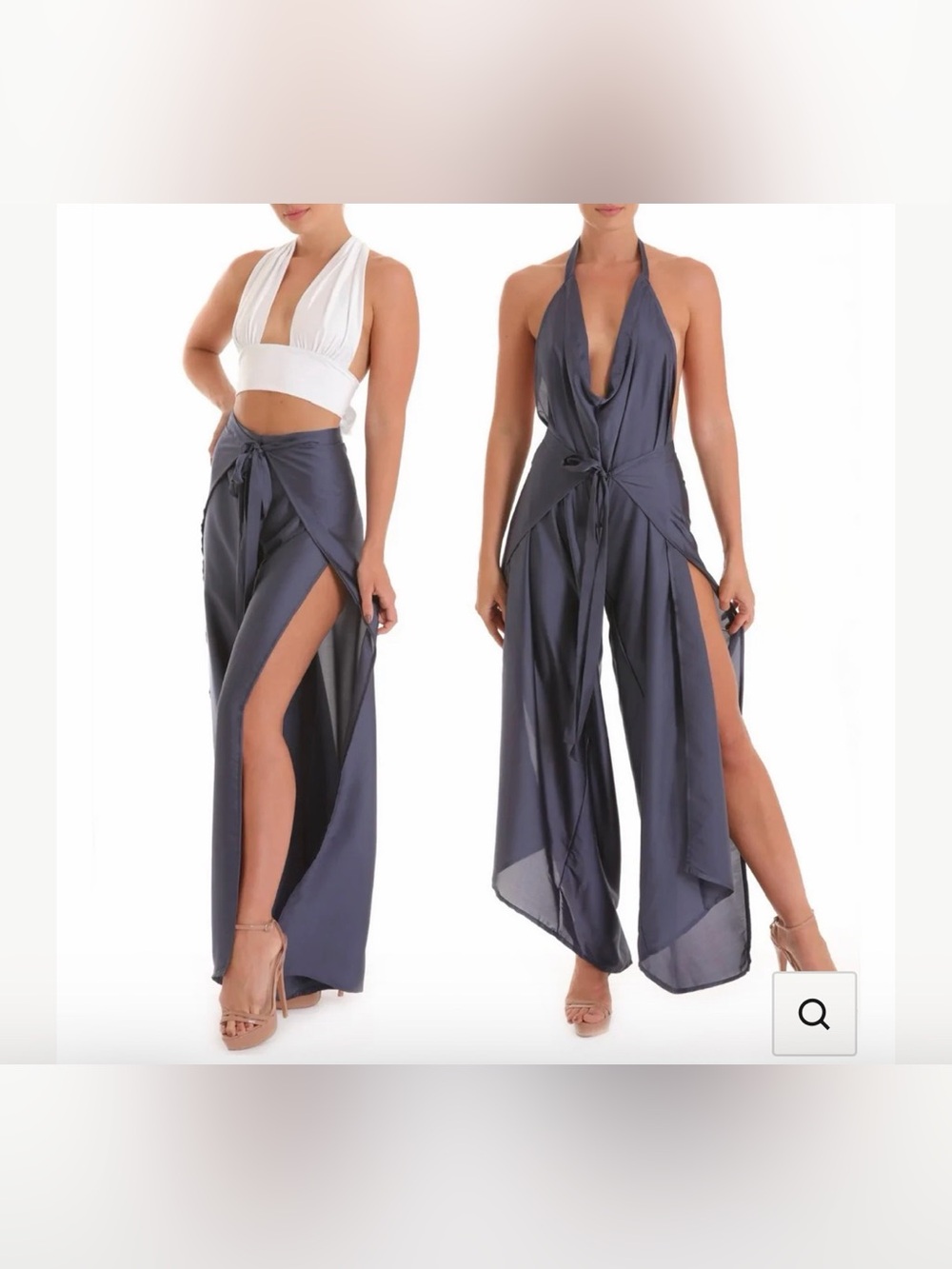 Satin Halter Plunge convertible pant to jumpsuit- steel blue